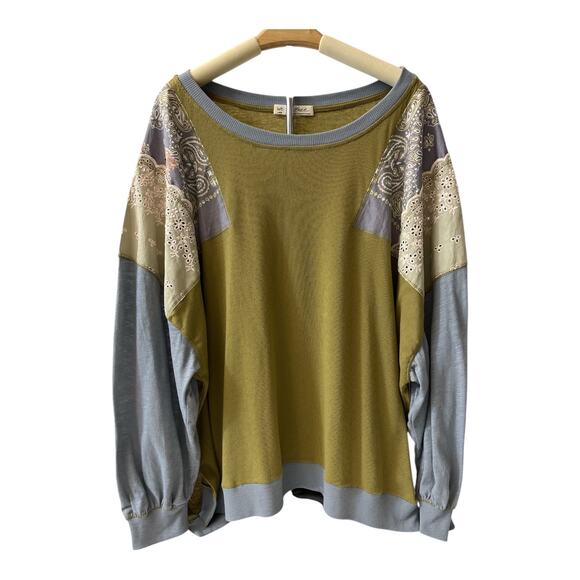 We The Free Free People Women’s Top Olive Green Patchwork Long Sleeve Size L - Picture 6 of 6